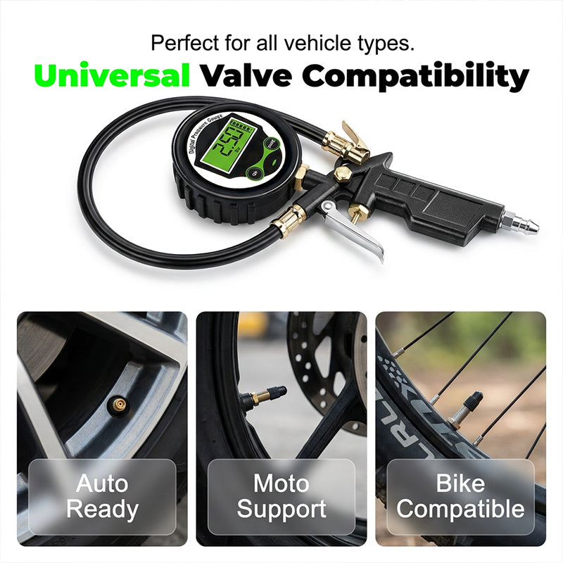 🔧 Digital däckpump med tryckmätare & LED-ljus – flera adaptrar, perfekt för bil, motorcykel, cykel & luftmadrass, snabb & exakt pumpning ⚡