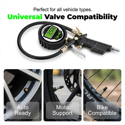 🔧 Digital däckpump med tryckmätare & LED-ljus – flera adaptrar, perfekt för bil, motorcykel, cykel & luftmadrass, snabb & exakt pumpning ⚡