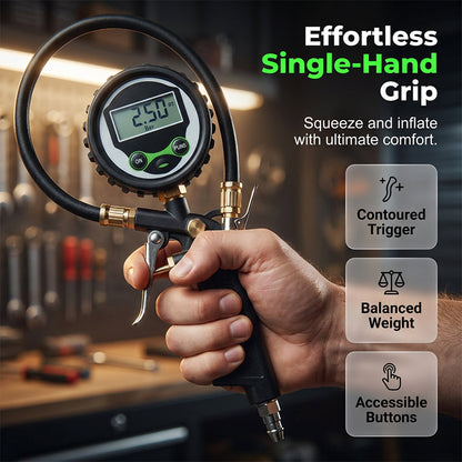 🔧 Digital däckpump med tryckmätare & LED-ljus – flera adaptrar, perfekt för bil, motorcykel, cykel & luftmadrass, snabb & exakt pumpning ⚡