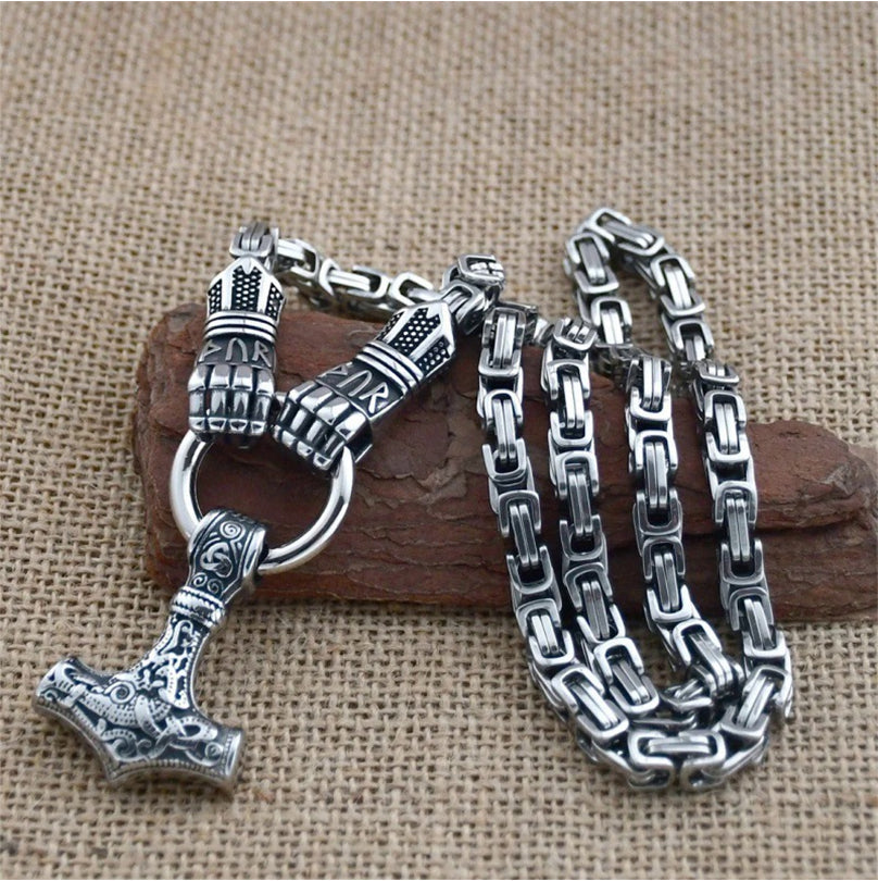 🛡️Halsband med hänge i form av vikingahammaren Thor, rostfritt stål, bysantinsk kedja