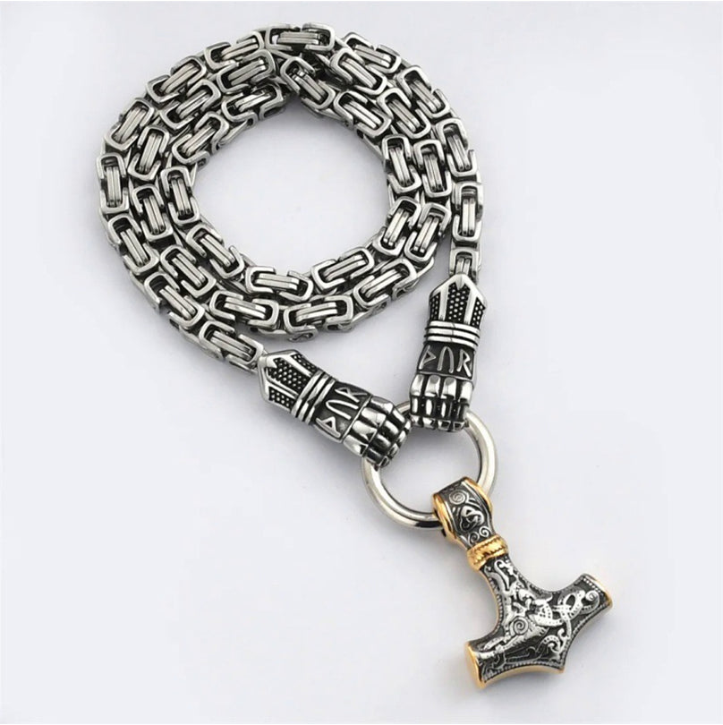 🛡️Halsband med hänge i form av vikingahammaren Thor, rostfritt stål, bysantinsk kedja