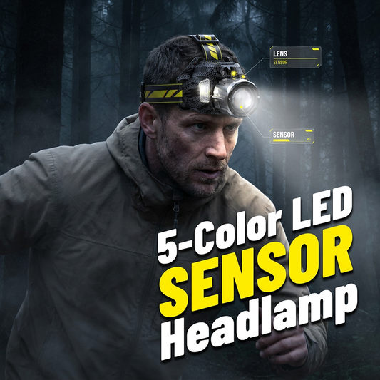🔦 50 % RABATT NU! ✨ Uppladdningsbar LED-pannlampa med 5 färger – rörelsesensor, UV-läge & fiske-läge, perfekt för vandring, jakt & nattarbete 🌲