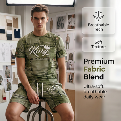 Herr Casual Fejk Denim Print T-shirt & Shorts Set