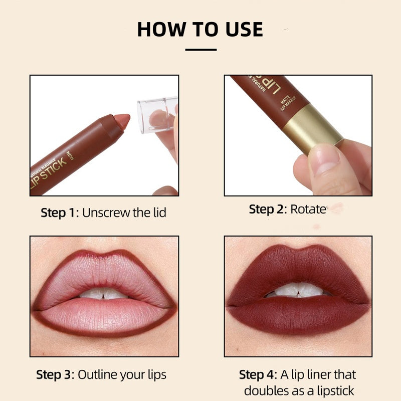 💄 50% RABATT! Långvarig Matt Läppkrita för Kvinnor | 2-i-1 Konturpenna & Läppstift | Fuktgivande & Icke-Uttorkande | Precisions Triangulär Spets | 6 Färger ✨