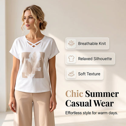 👗 50% RABATT NU! 🌿 Casual Tvådelat Set för Dam – V-ringad T-shirt & Croppad Byxa – Avslappnad Passform & Premium Hudvänligt Tyg – Perfekt för Vardag & Semester ☀️
