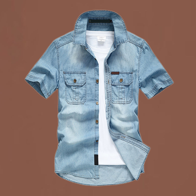 Herr casual denimskjorta med korta ärmar