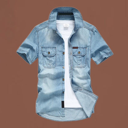 Herr casual denimskjorta med korta ärmar
