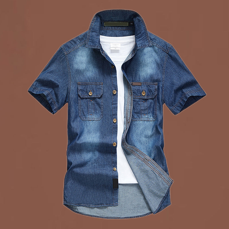 Herr casual denimskjorta med korta ärmar