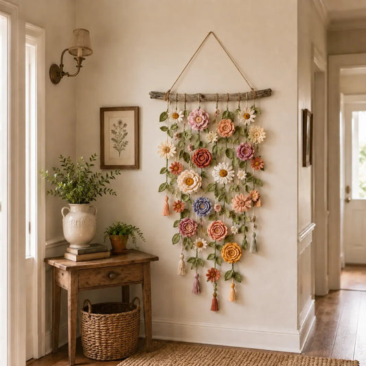 🌸 50% RABATT NU! 🧶 Väggdekoration med Virkat Blommönster – Handgjord Boho-charm – Perfekt för Sovrum, Vardagsrum & Barnrum – Lätt att Hänga Upp 🏡