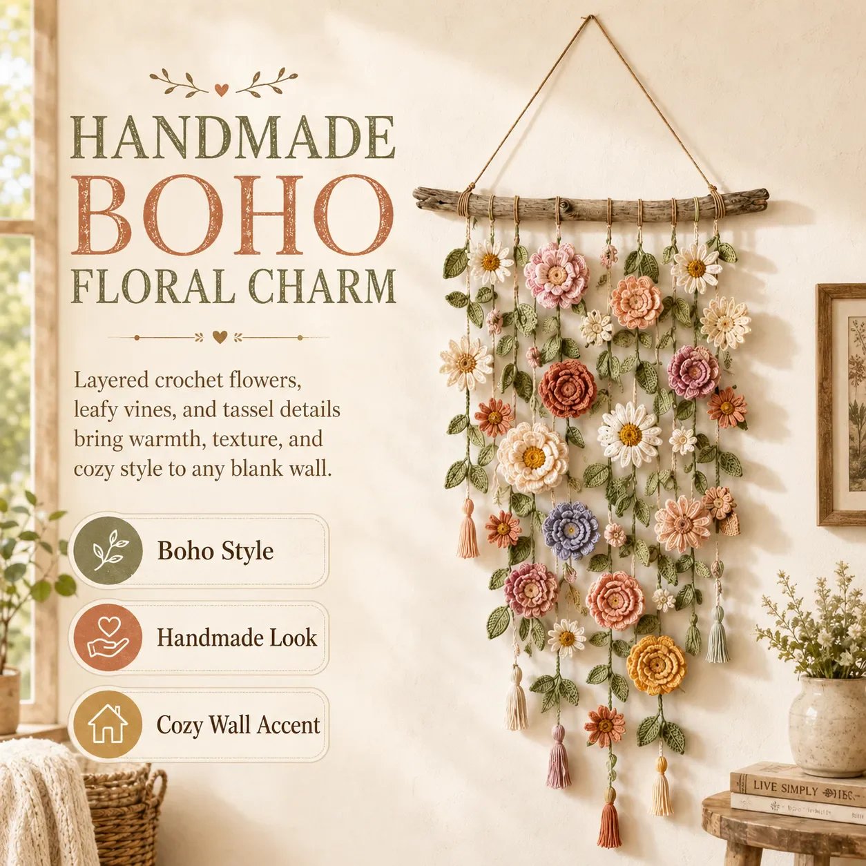 🌸 50% RABATT NU! 🧶 Väggdekoration med Virkat Blommönster – Handgjord Boho-charm – Perfekt för Sovrum, Vardagsrum & Barnrum – Lätt att Hänga Upp 🏡