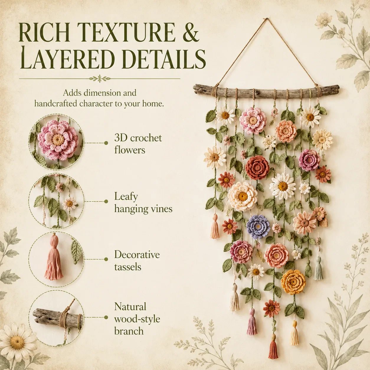 🌸 50% RABATT NU! 🧶 Väggdekoration med Virkat Blommönster – Handgjord Boho-charm – Perfekt för Sovrum, Vardagsrum & Barnrum – Lätt att Hänga Upp 🏡