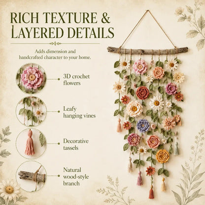 🌸 50% RABATT NU! 🧶 Väggdekoration med Virkat Blommönster – Handgjord Boho-charm – Perfekt för Sovrum, Vardagsrum & Barnrum – Lätt att Hänga Upp 🏡