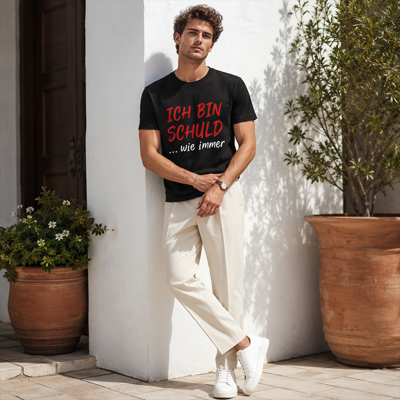 Rolig Tysk Slogan Herr Svart T-Shirt Casual Kortärmad Rund Hals Topp