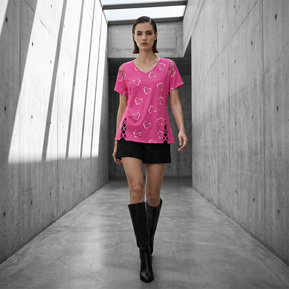 🛍️ 50 % rabatt – Oversized dam-T-shirt med hjärtmönster och snörningsdetaljer – avslappnad stil, andas bra och mångsidig för vardagen ❤️