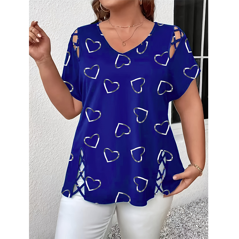 🛍️ 50 % rabatt – Oversized dam-T-shirt med hjärtmönster och snörningsdetaljer – avslappnad stil, andas bra och mångsidig för vardagen ❤️