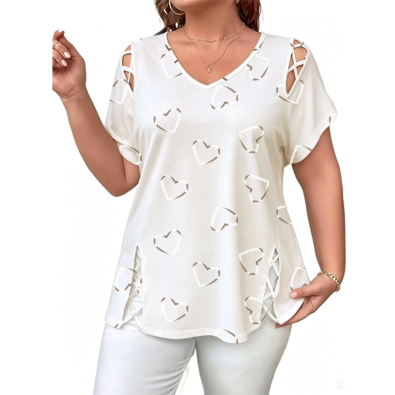 🛍️ 50 % rabatt – Oversized dam-T-shirt med hjärtmönster och snörningsdetaljer – avslappnad stil, andas bra och mångsidig för vardagen ❤️
