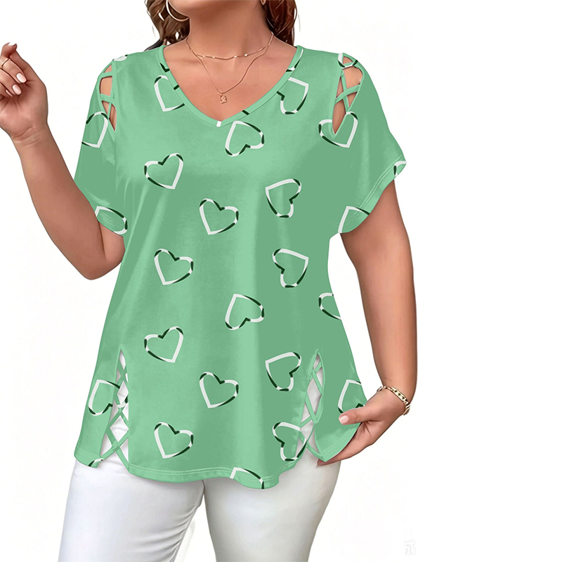 🛍️ 50 % rabatt – Oversized dam-T-shirt med hjärtmönster och snörningsdetaljer – avslappnad stil, andas bra och mångsidig för vardagen ❤️