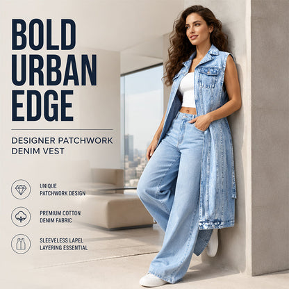 👖 50 % RABATT NU! ✂️ Ärmlös denimvästklänning med hög slits för dam – asymmetrisk fåll, patchwork-design & urban streetwear-stil 🖤