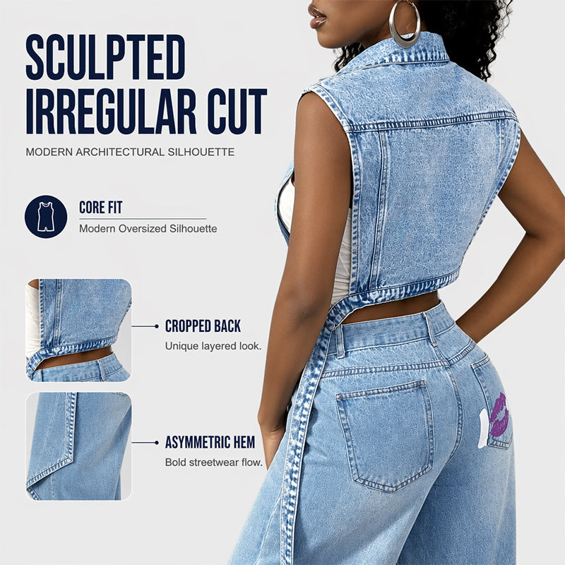 👖 50 % RABATT NU! ✂️ Ärmlös denimvästklänning med hög slits för dam – asymmetrisk fåll, patchwork-design & urban streetwear-stil 🖤