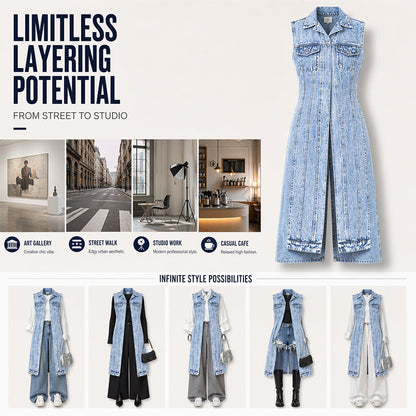 👖 50 % RABATT NU! ✂️ Ärmlös denimvästklänning med hög slits för dam – asymmetrisk fåll, patchwork-design & urban streetwear-stil 🖤
