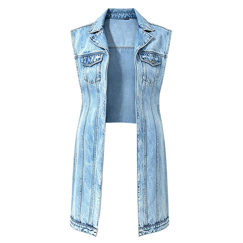 👖 50 % RABATT NU! ✂️ Ärmlös denimvästklänning med hög slits för dam – asymmetrisk fåll, patchwork-design & urban streetwear-stil 🖤