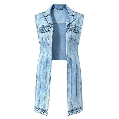👖 50 % RABATT NU! ✂️ Ärmlös denimvästklänning med hög slits för dam – asymmetrisk fåll, patchwork-design & urban streetwear-stil 🖤