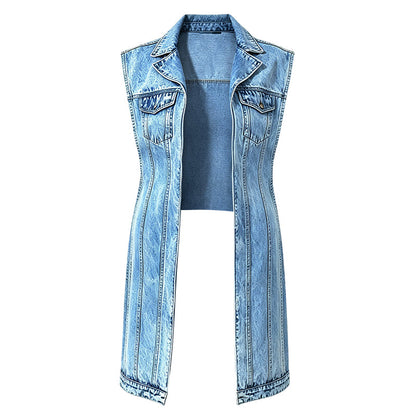 👖 50 % RABATT NU! ✂️ Ärmlös denimvästklänning med hög slits för dam – asymmetrisk fåll, patchwork-design & urban streetwear-stil 🖤
