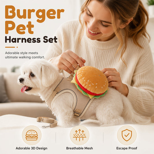 ⏳50 % rabatt under en begränsad tid⏰Sött set med hundsele och koppel i hamburger-motiv samt en miniryggsäck🍔🦮