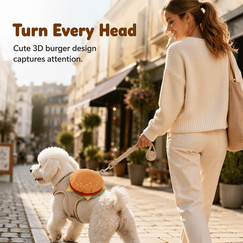 ⏳50 % rabatt under en begränsad tid⏰Sött set med hundsele och koppel i hamburger-motiv samt en miniryggsäck🍔🦮