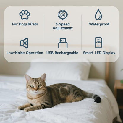 🐾 Tyst djurklippare med LED-display – justerbar längd, sladdfri & 3 hastigheter – perfekt för katter och hundar 🛁