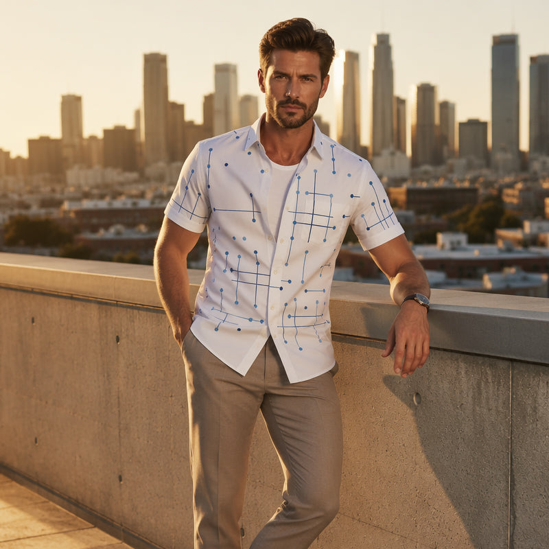 👔 50 % RABATT NU! ☀️ Herr geometriskt tryck avslappnad passform knappskjorta – mjuk sommarkänsla, rymlig komfort & semesterredo stil 🏖️
