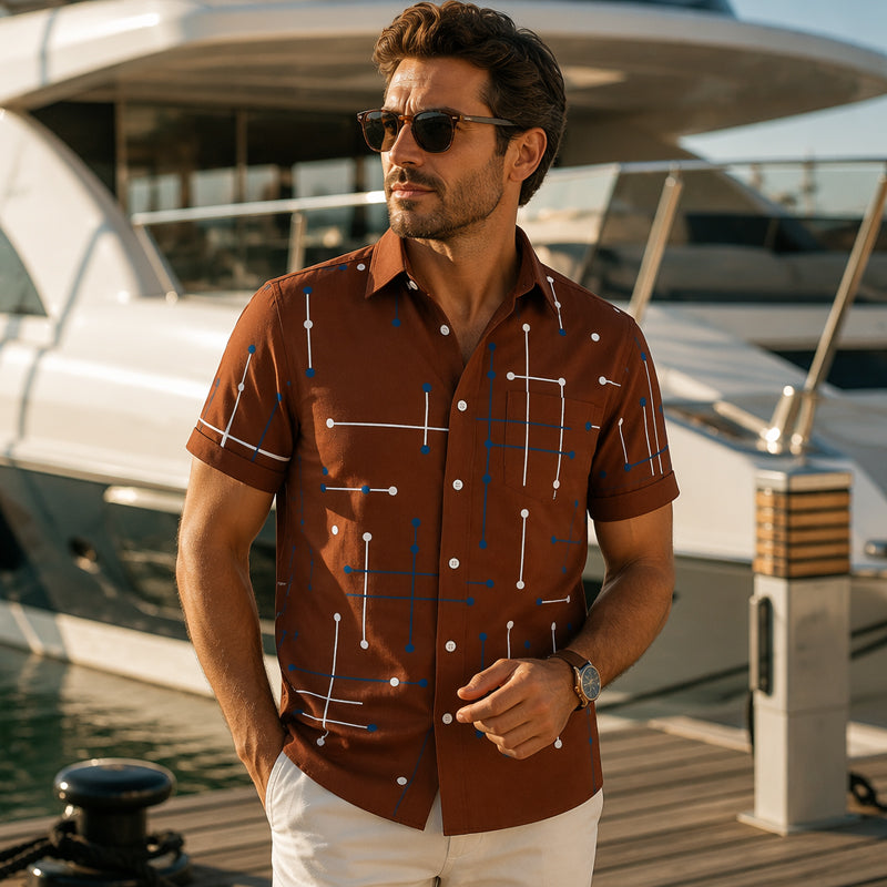 👔 50 % RABATT NU! ☀️ Herr geometriskt tryck avslappnad passform knappskjorta – mjuk sommarkänsla, rymlig komfort & semesterredo stil 🏖️