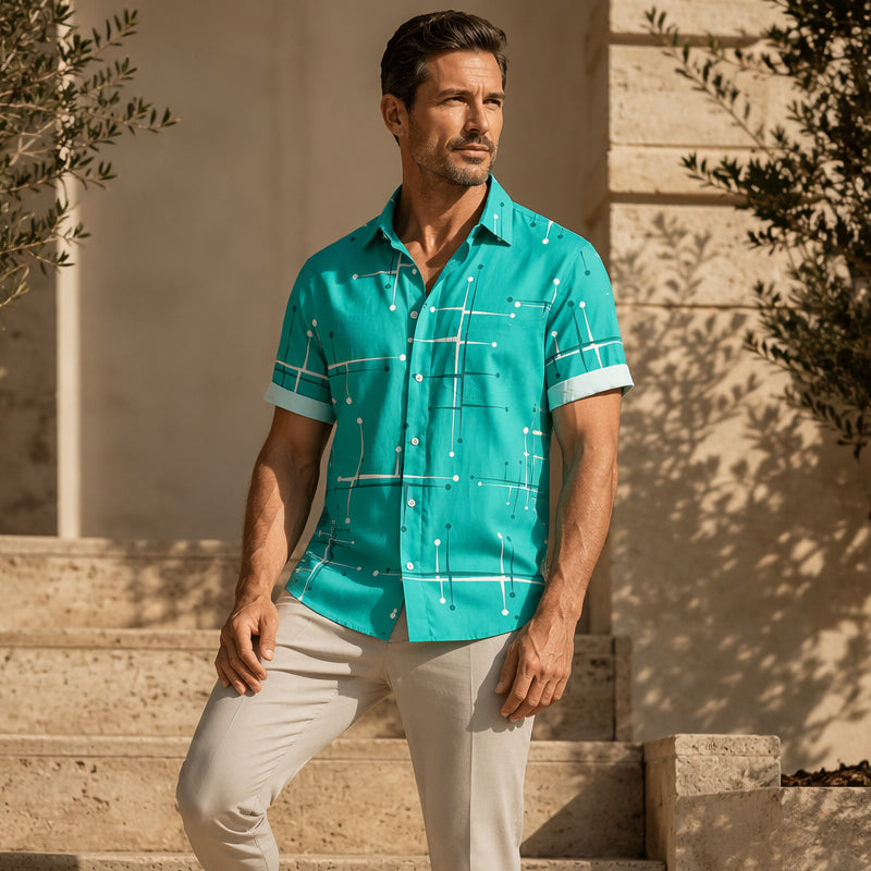 👔 50 % RABATT NU! ☀️ Herr geometriskt tryck avslappnad passform knappskjorta – mjuk sommarkänsla, rymlig komfort & semesterredo stil 🏖️