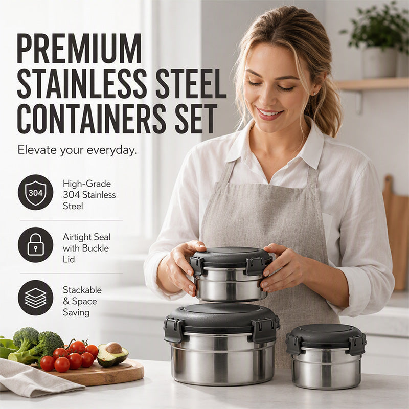 🍱 50% RABATT! 🥗 3-delat matlådeset i rostfritt stål – Lufttäta lock, robust & lätt att rengöra – Perfekt för skola, kontor & på språng ✨