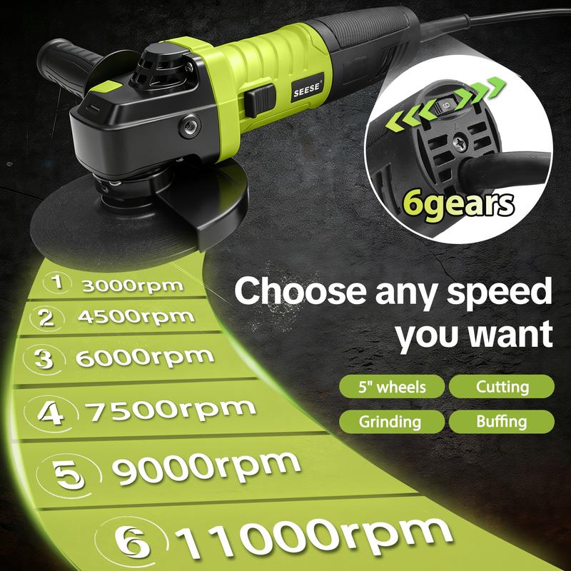 ⚡ SEESE 5-tums 8-ampers vinkelslip – 6-stegs steglös hastighetsreglering, 11 000 varv/min 🛠️ 🔧 Inkluderar skärskivor, lamellskiva och extra handtag 💪 Perfekt för kapning, slipning, polering och rostborttagning