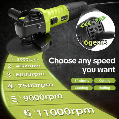 ⚡ SEESE 5-tums 8-ampers vinkelslip – 6-stegs steglös hastighetsreglering, 11 000 varv/min 🛠️ 🔧 Inkluderar skärskivor, lamellskiva och extra handtag 💪 Perfekt för kapning, slipning, polering och rostborttagning