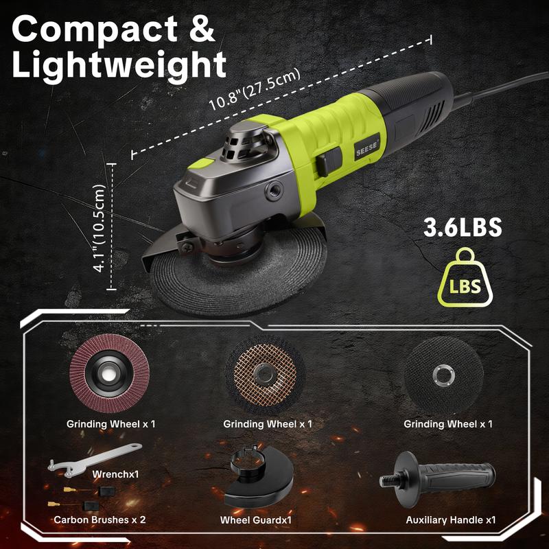 ⚡ SEESE 5-tums 8-ampers vinkelslip – 6-stegs steglös hastighetsreglering, 11 000 varv/min 🛠️ 🔧 Inkluderar skärskivor, lamellskiva och extra handtag 💪 Perfekt för kapning, slipning, polering och rostborttagning