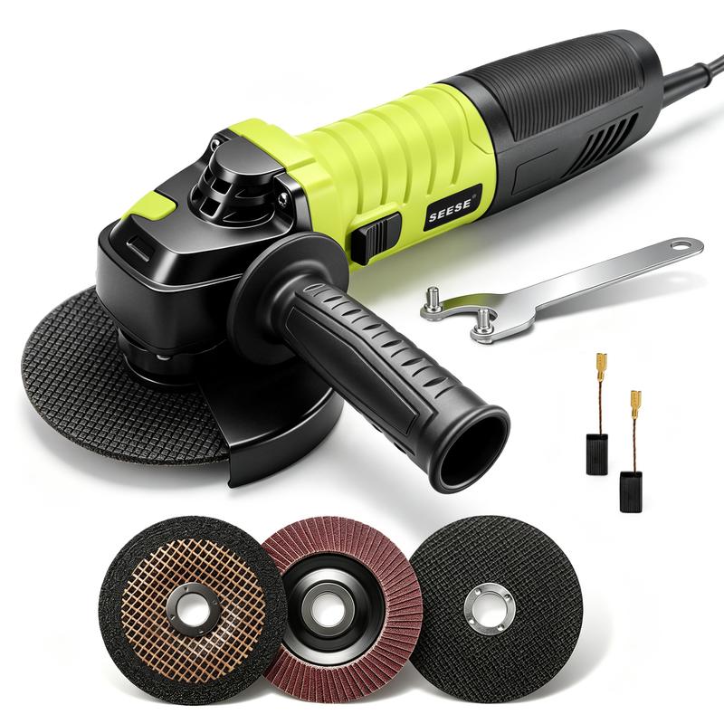 ⚡ SEESE 5-tums 8-ampers vinkelslip – 6-stegs steglös hastighetsreglering, 11 000 varv/min 🛠️ 🔧 Inkluderar skärskivor, lamellskiva och extra handtag 💪 Perfekt för kapning, slipning, polering och rostborttagning