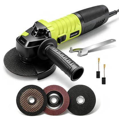 ⚡ SEESE 5-tums 8-ampers vinkelslip – 6-stegs steglös hastighetsreglering, 11 000 varv/min 🛠️ 🔧 Inkluderar skärskivor, lamellskiva och extra handtag 💪 Perfekt för kapning, slipning, polering och rostborttagning