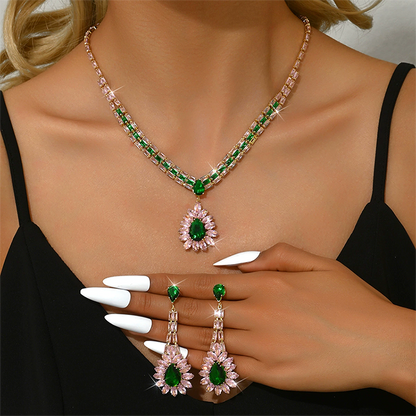 🎉 BEGRÄNSAD TID 50% RABATT! 💎 Zirkon Smyckesset – Halsband & Hängörhängen för Dam – Rosa & Grön Design, Premium Kopparbas ✨