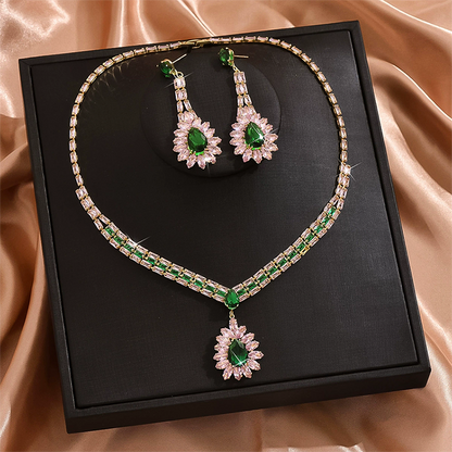 🎉 BEGRÄNSAD TID 50% RABATT! 💎 Zirkon Smyckesset – Halsband & Hängörhängen för Dam – Rosa & Grön Design, Premium Kopparbas ✨