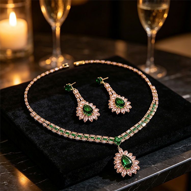 🎉 BEGRÄNSAD TID 50% RABATT! 💎 Zirkon Smyckesset – Halsband & Hängörhängen för Dam – Rosa & Grön Design, Premium Kopparbas ✨