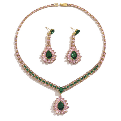🎉 BEGRÄNSAD TID 50% RABATT! 💎 Zirkon Smyckesset – Halsband & Hängörhängen för Dam – Rosa & Grön Design, Premium Kopparbas ✨