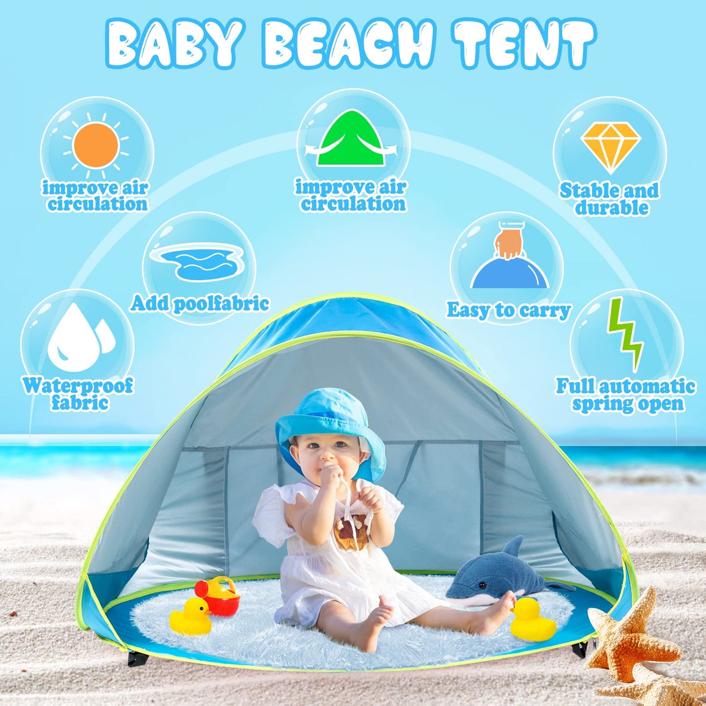 🏖 -50%! 🌞 Bärbart Strandtält Anti-UV för Baby – UPF 50+ – 120×80×70 cm – Automatisk Öppning & Lätt – Perfekt för att Skydda Baby från Solen 👶