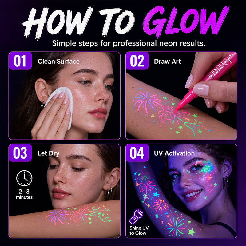 🌈 Rita, lys upp och stick ut – Glow Party-tatueringspennor för fest och kreativ lek