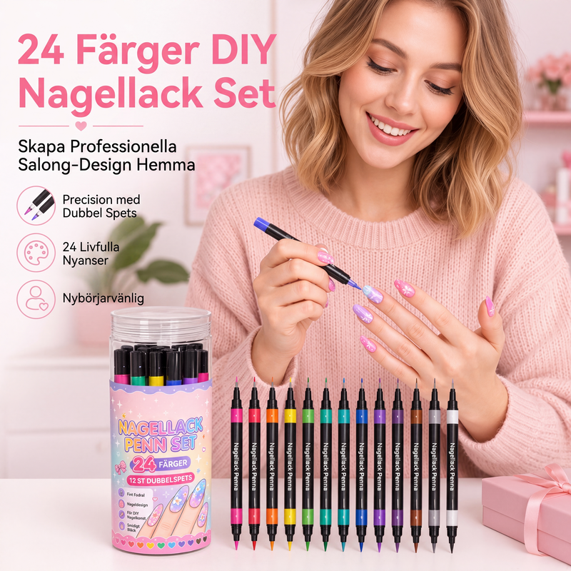 24-färgers dubbeländade nagelkonstpennor set