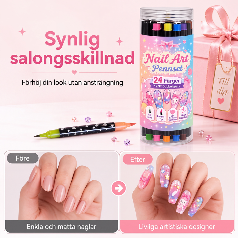 24-färgers dubbeländade nagelkonstpennor set