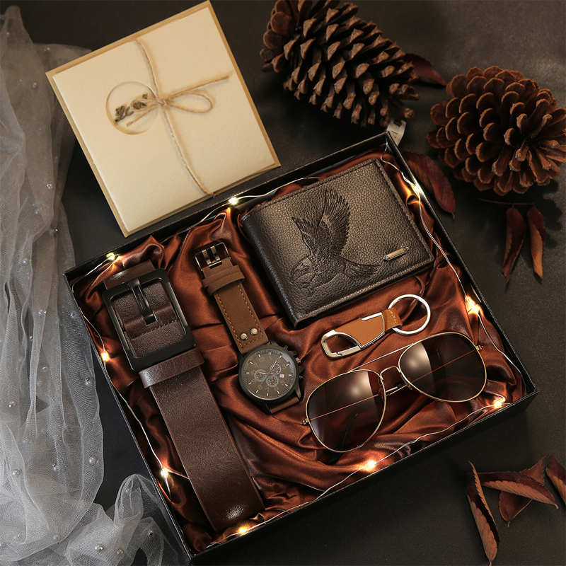 🎁50% RABATT⏰ Herr 7‑delars presentset, komplett med klocka plånbok skärp solglasögon nyckelring – perfekt gåva för födelsedag och festliga tillfällen💼