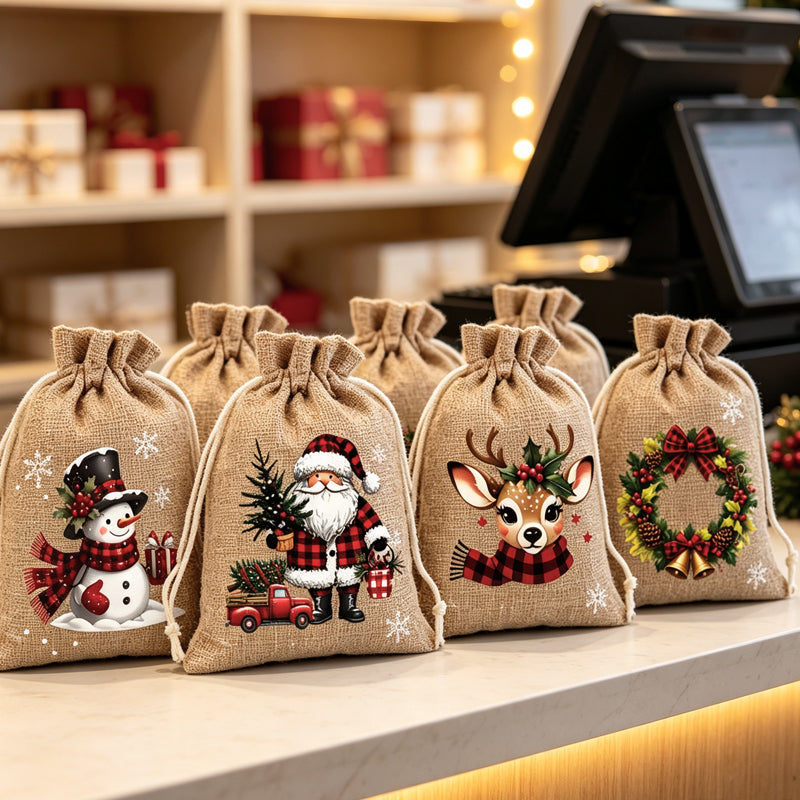 🎄 50 % RABATT NU! 🎁 Julklappspåsar med dragsko – festliga tomte- & renmotiv, dubbel dragsko & hållbart tyg – julglädje i varje gåva ✨