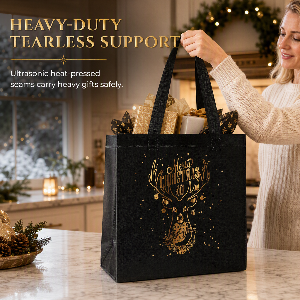 🎄 TIDSBEGRÄNSAT 50 % RABATT! 🖤 Svart Julklappsväska i Non-Woven – Slitstark med Hög Bärförmåga, Väderbeständig Laminerad Barriär & Fantastiska Guldfoliedetaljer – Elegant Julklappsinslagning ✨